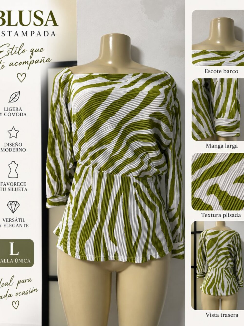 Blusa estampada verde y blanca de manga larga – Talla L
